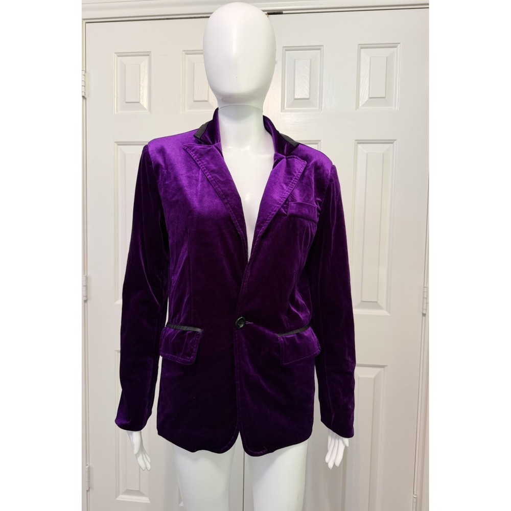 Zhelin Womens Purple Velvet Jacket Faux Leather Trim Blazer Sz M Single Button